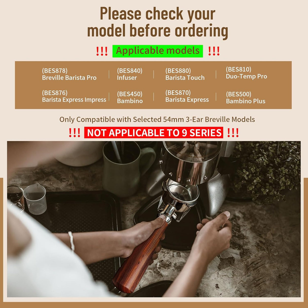 54mm Portafilter Compatible with Breville BES870/878/880/876 Series,Espresso Double Spouts Portafilter with 3 Ear & Stainless Steel Basket