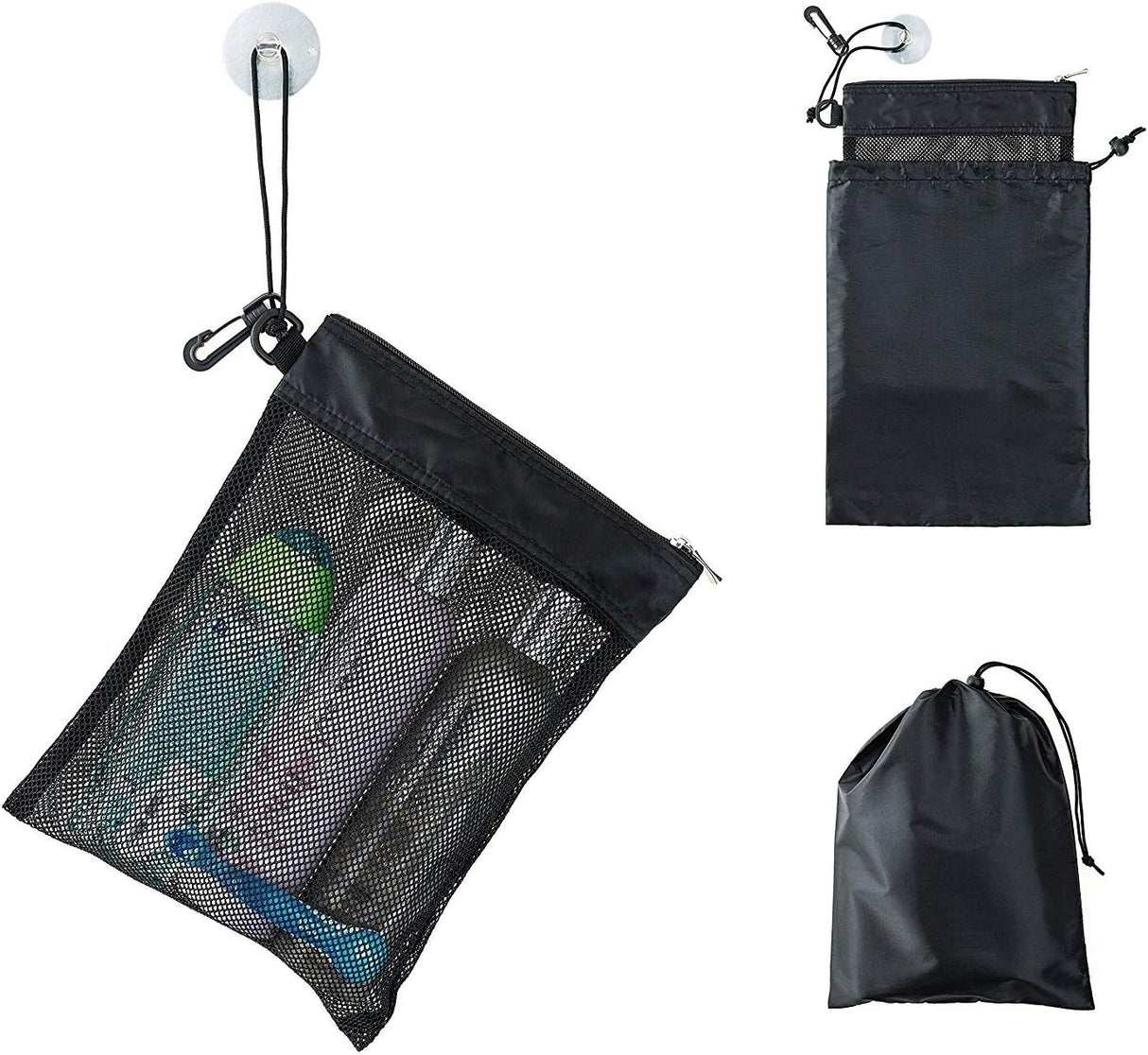 Shower Bag Tote, Mesh Caddy Toiletry Organizer 12”L x 9”W, Compact and Lightweight With Suction Cup, Cord for Hanging, Zipper and Drawstring Pouch 14”L x 10”W, Black Black