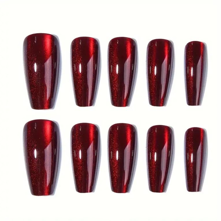 Red Press on Nails Coffin Shape Fake Nails Long False Nails with Cat Eye Design Glitter Glue on Nails for Women 24PCS 522 red 0.04 Fl Oz (Pack of 24)