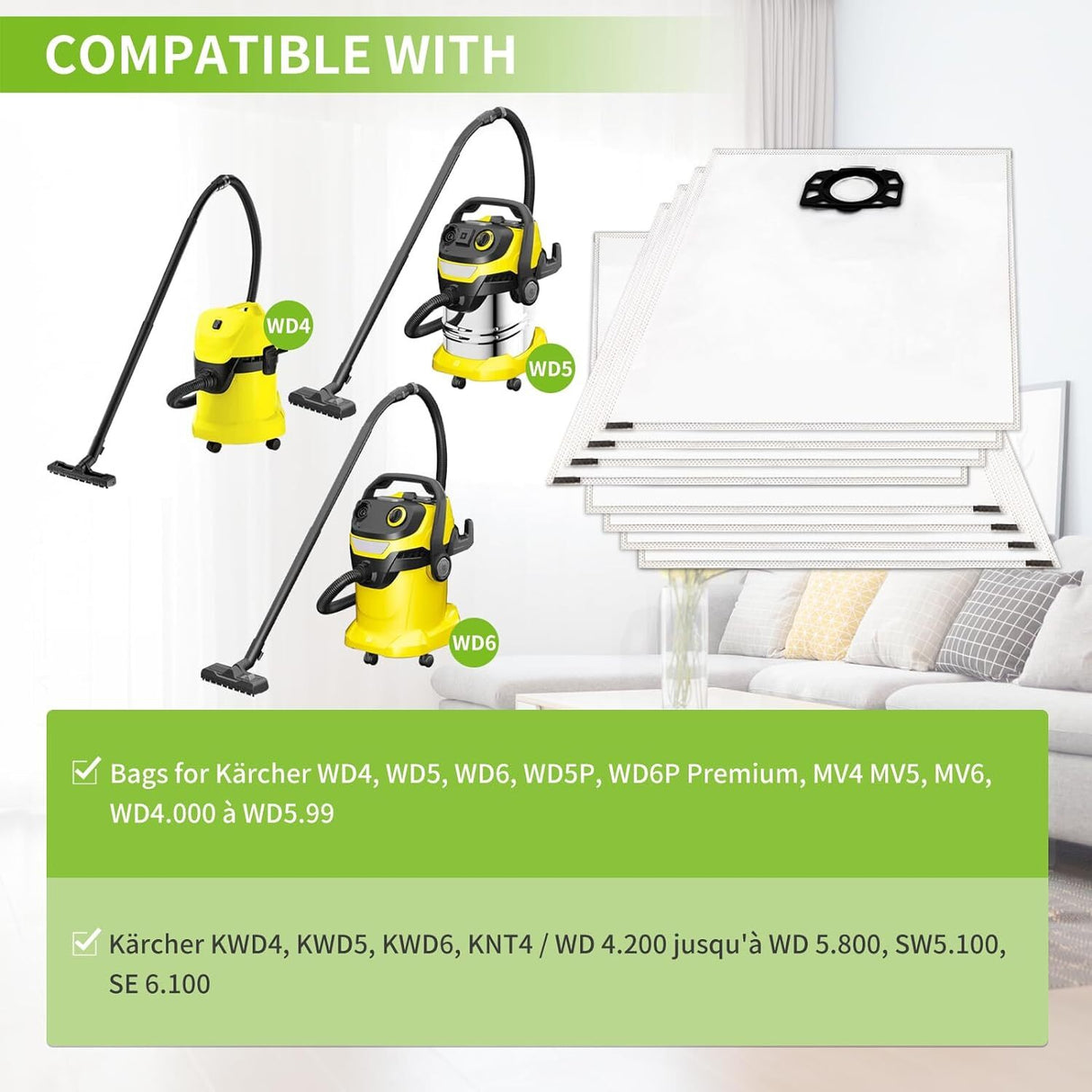 Kärcher Vacuum Bags 10 pcs Compatible with WD4 WD5 WD6 MV4 MV5 MV6
