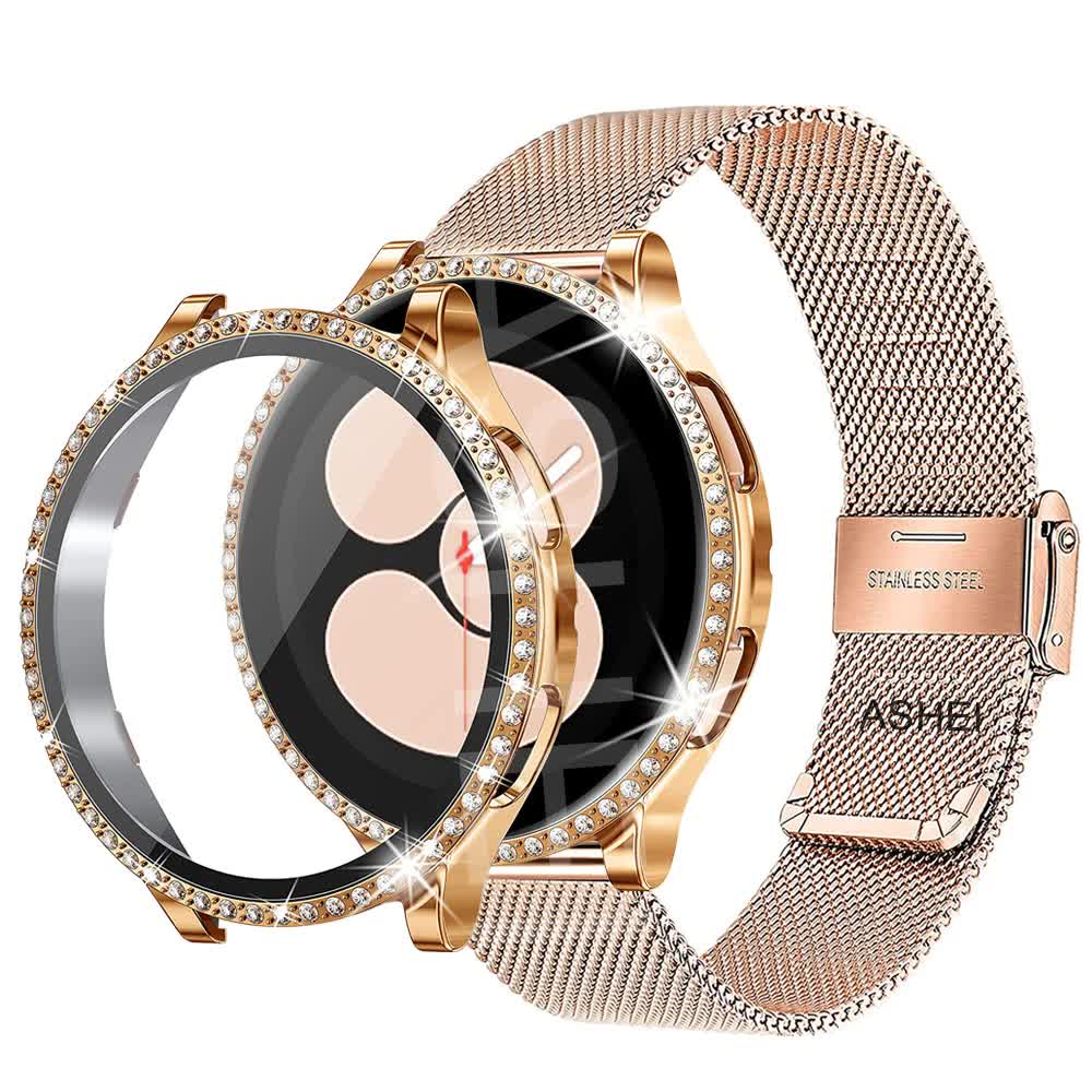 Stainless Steel Bracelet Compatible withSamsung Galaxy Watch 4 5 6 40mm 44mm Mesh Loop Bling Case Gold Set