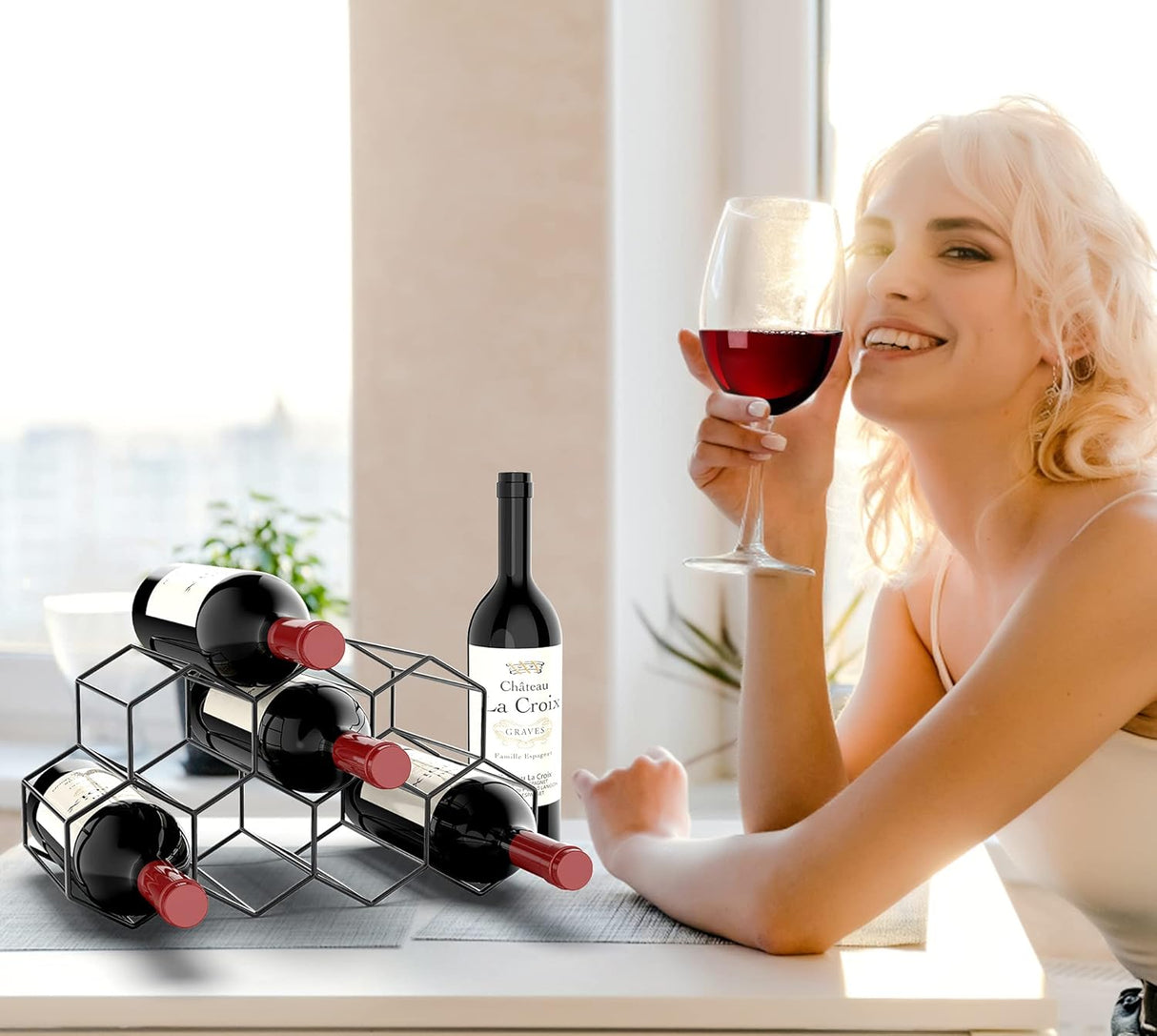 Small Freestanding Wine Rack for Countertop - Honeycomb Metal Wine Rack Stand for 9 Bottles, Black, Wine Rack for Tabletop