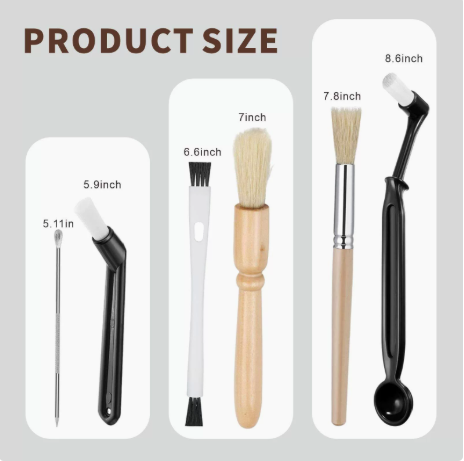 Professional Coffee Machine Cleaning Brush Set | 10-Piece Multifunctional Tool Kit | Includes Long-Handled Spring Brush, Wooden Handle Brush, Cleaning Needle, and Bent Nozzle Brush | Suitable for Deep Cleaning of Coffee Machines, Grinders, and Brewing Hea