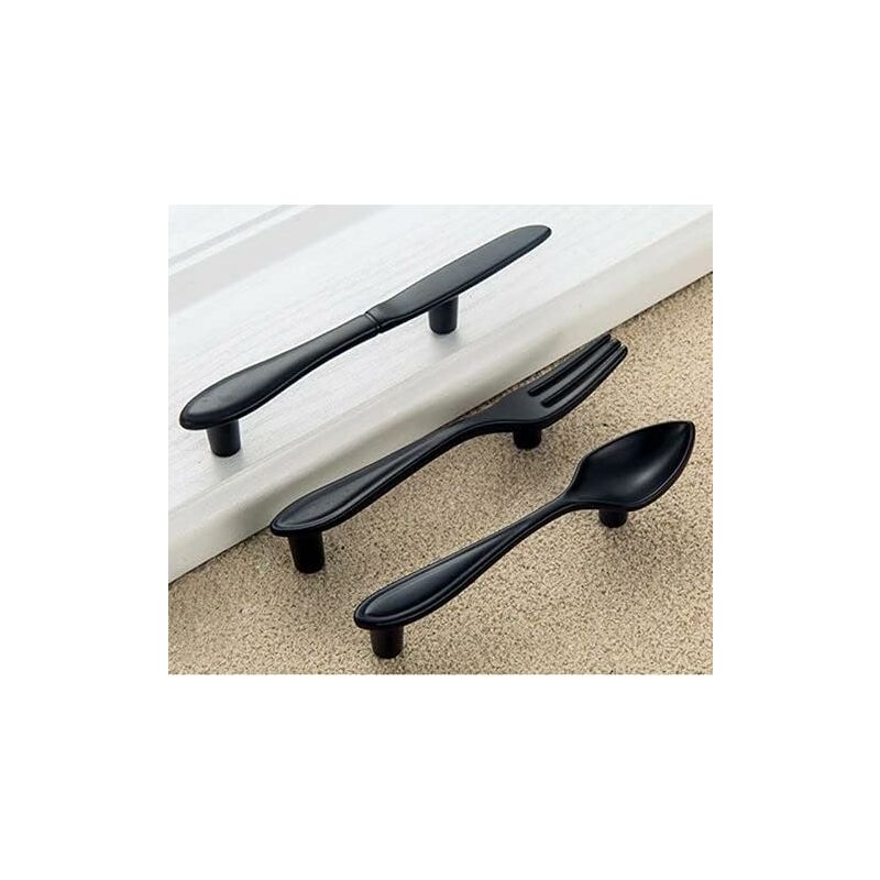 3 Pack Knife Spoon Fork Shape Cabinet Pulls Door Handles Hole Center 3" Matte Black