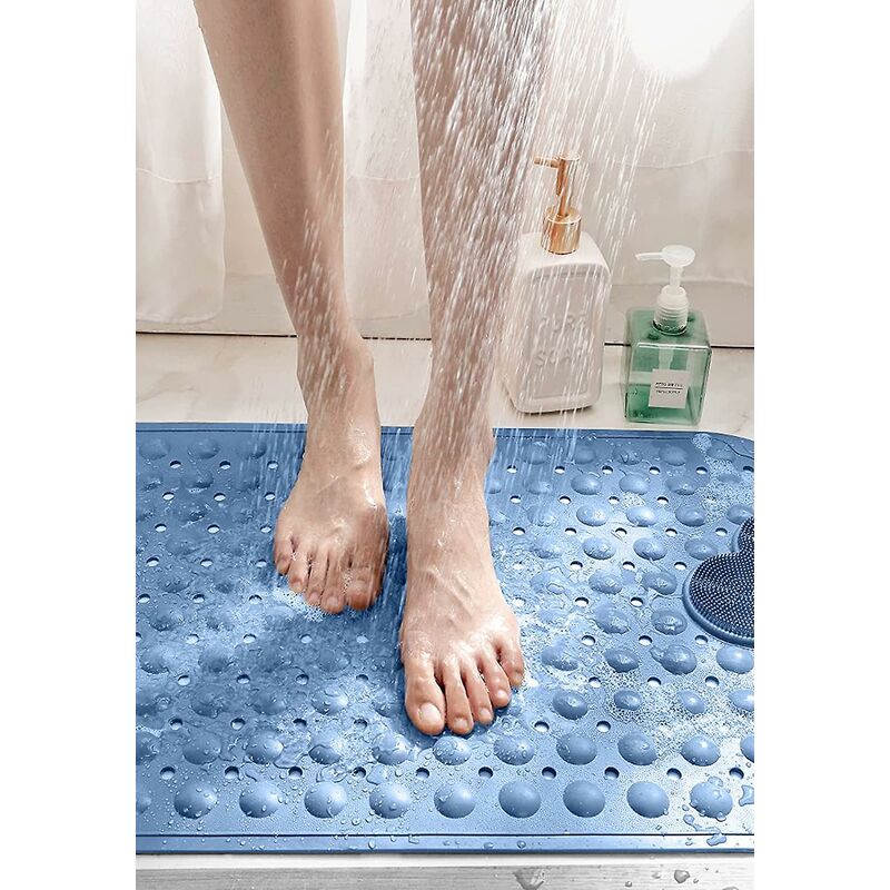 Non-Slip Shower Mat 70 X 40Cm Massage Bath Mat, Bath Mat With Drainage Holes And Suction Cups - Blue