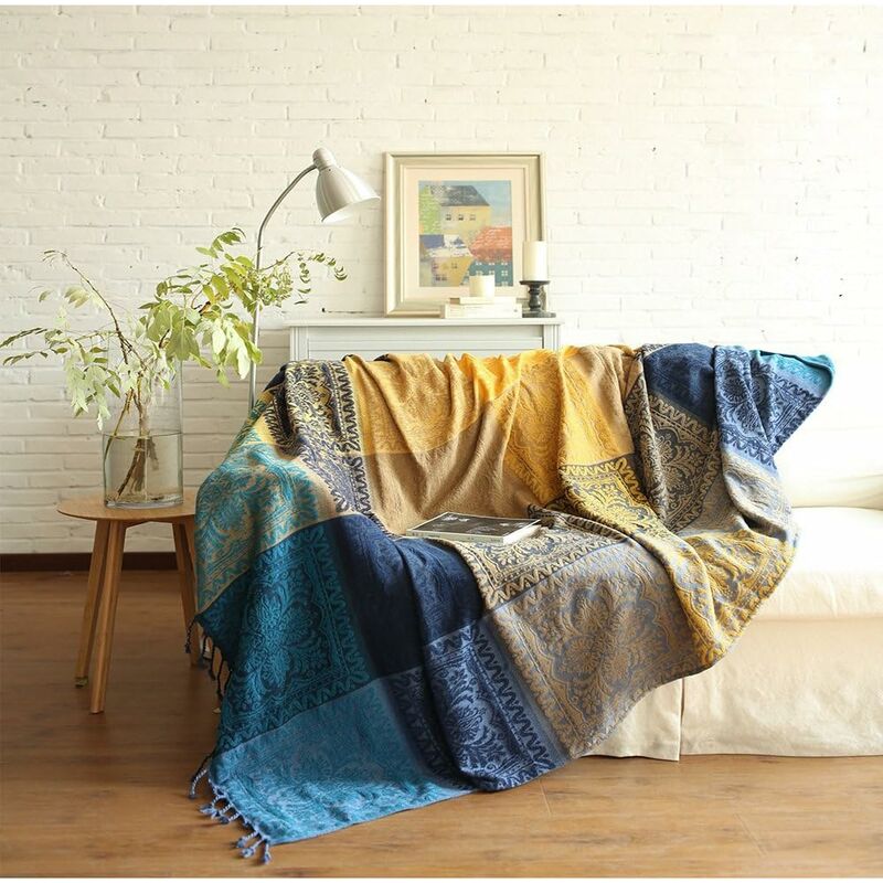 Cotton Single Sofa Blanket, Knitted Fringed Blanket, Double Sided Patchwork, Decorative Warm Blanket For Home Office