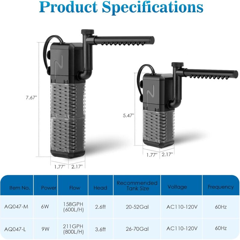 Adjustable Aquarium Filter 600L/H Aquarium Pump, Ultra-Quiet Internal Aquarium Filter Suitable For Aquariums Up To 200L