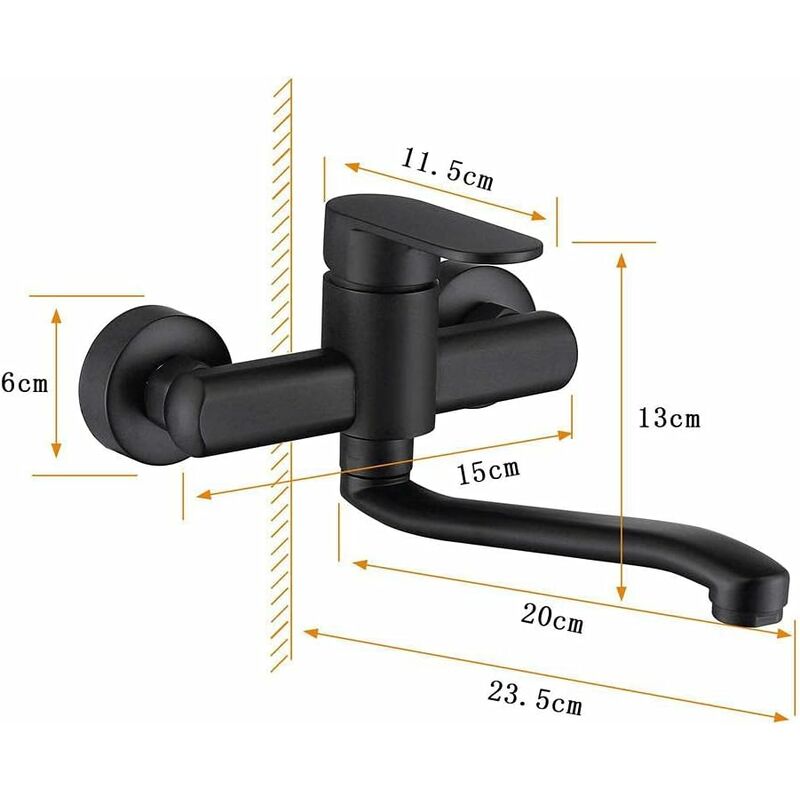 Single Handle Kitchen Faucet Wall Mounted High Quality Brass Body Black Projection 200Mm(G1/2)