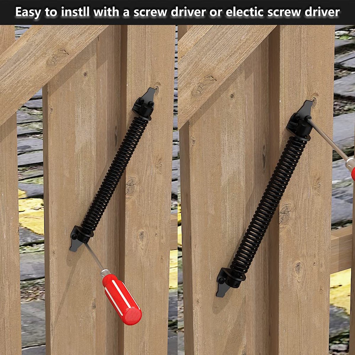 Door closer - Door spring - 36 cm - Outdoor door closer - Gate locks - Garden gate spring - Black - Carbon steel - For wooden fence gates - With mounting accessories