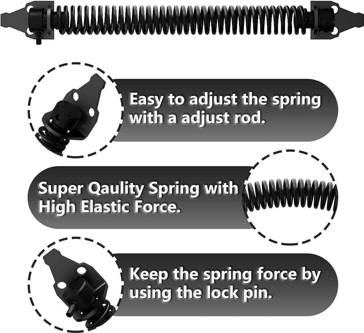 Door closer - Door spring - 36 cm - Outdoor door closer - Gate locks - Garden gate spring - Black - Carbon steel - For wooden fence gates - With mounting accessories