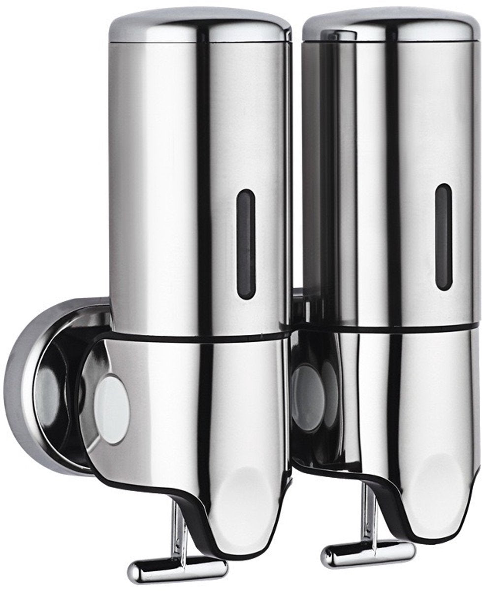 2-in-1 Soap Dispenser - Liquid Dispenser - 2 x 500 ml - 2 Reservoirs - Wall Mounted - Kitchen - Bathroom - Shower - Stainless Steel - 25 x 18.5 x 9 cm - Silver - Hanging Soap Dispenser