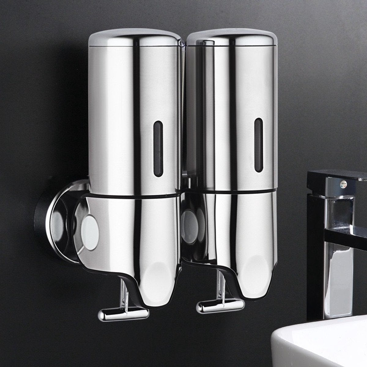 2-in-1 Soap Dispenser - Liquid Dispenser - 2 x 500 ml - 2 Reservoirs - Wall Mounted - Kitchen - Bathroom - Shower - Stainless Steel - 25 x 18.5 x 9 cm - Silver - Hanging Soap Dispenser