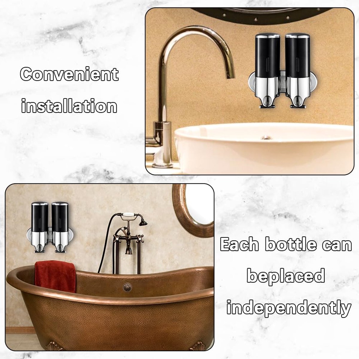 Soap Dispenser - 2 in 1 Liquid Dispenser - Liquid Dispenser - 2 x 500 ml - Wall Mounted Soap Dispenser - Kitchen - Bathroom - Shower - 24.1 x 21.6 x 10 cm - Black