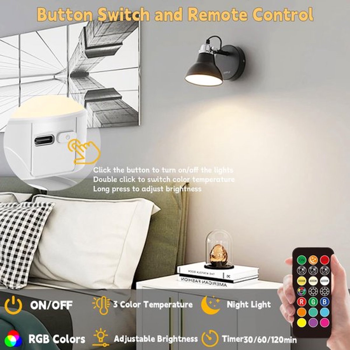 Set of 2 USB rechargeable bulbs with remote control - Battery-operated lamp bulbs - Rechargeable RGB color-changing bulbs - 12 color temperatures - Adjustable brightness - Wireless night light - 800 lm