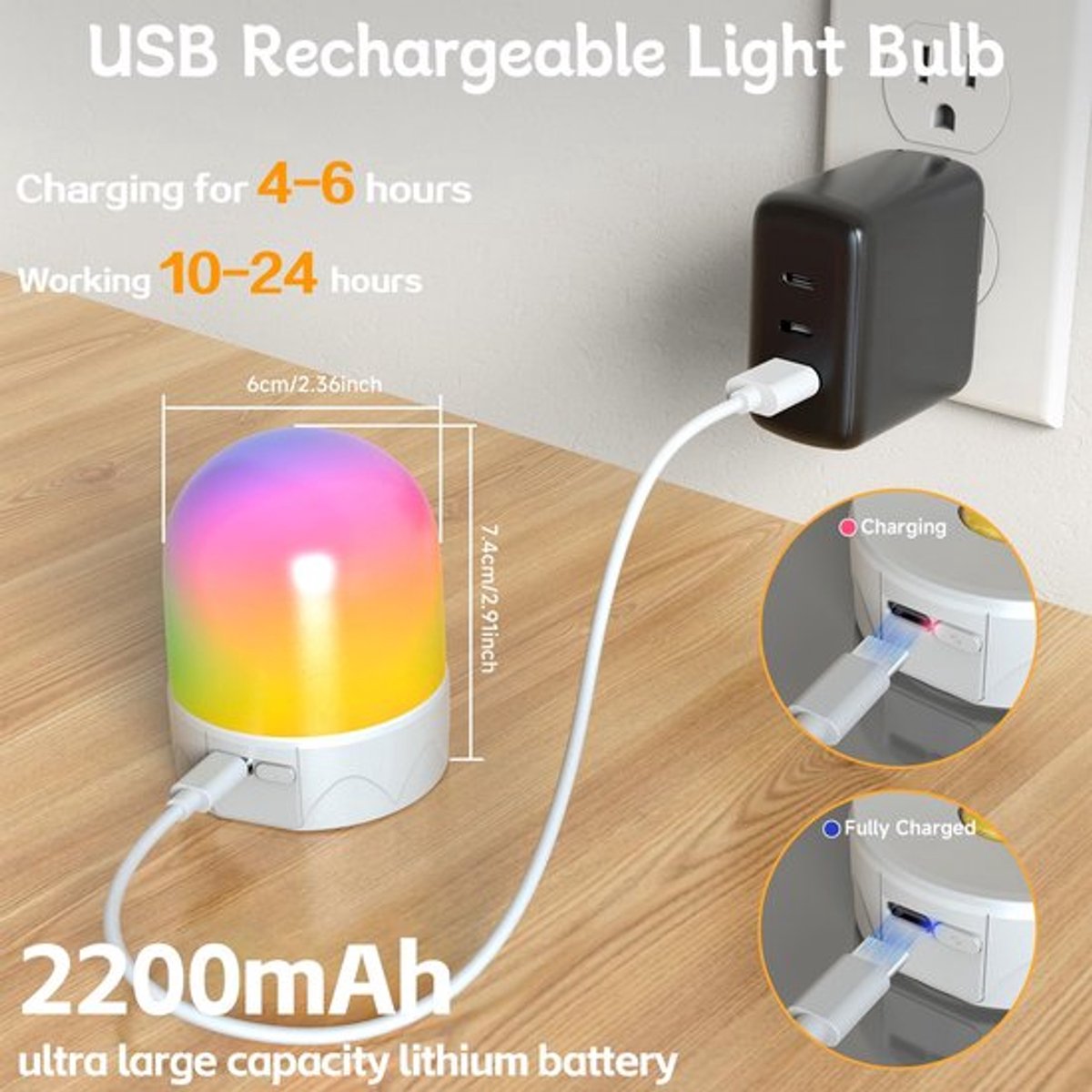 Set of 2 USB rechargeable bulbs with remote control - Battery-operated lamp bulbs - Rechargeable RGB color-changing bulbs - 12 color temperatures - Adjustable brightness - Wireless night light - 800 lm
