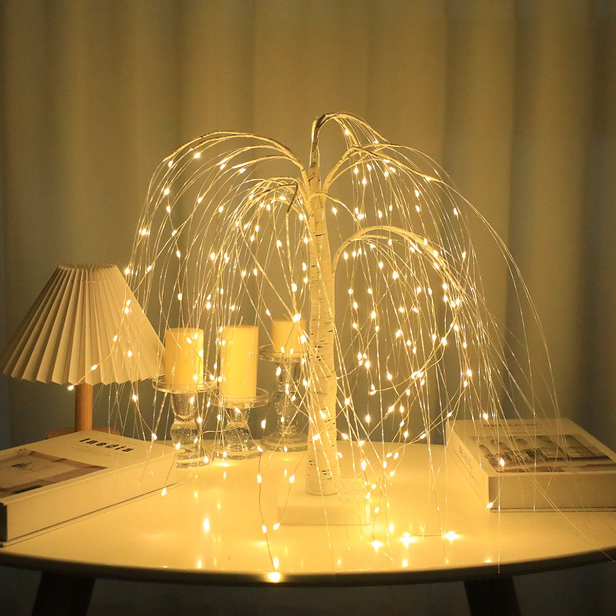 Elegant 50cm tall LED willow lamp with 7 modes - for living room and bedroom - Dual Power (USB and battery), warm white ambient light, Design - white