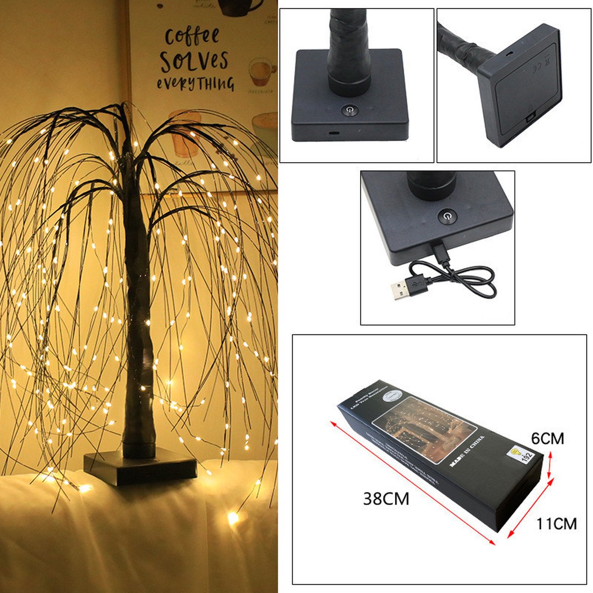 Elegant 50cm tall LED willow lamp with 7 modes - for living room and bedroom - Dual Power (USB and battery), warm white ambient light, energy-saving and versatile design - black