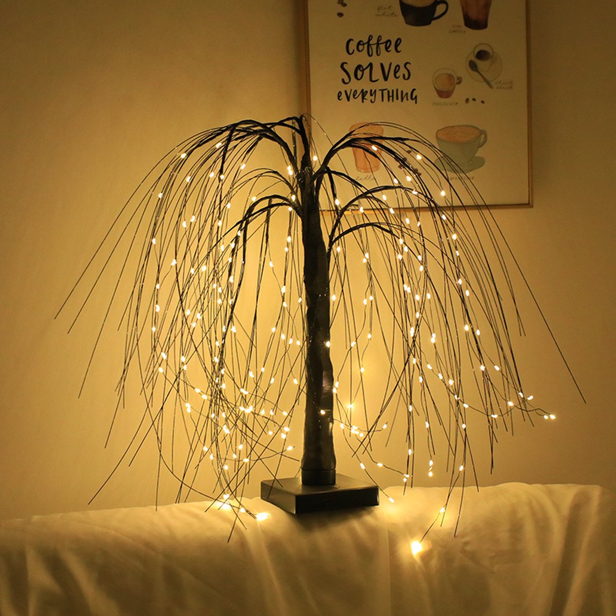 Elegant 50cm tall LED willow lamp with 7 modes - for living room and bedroom - Dual Power (USB and battery), warm white ambient light, energy-saving and versatile design - black