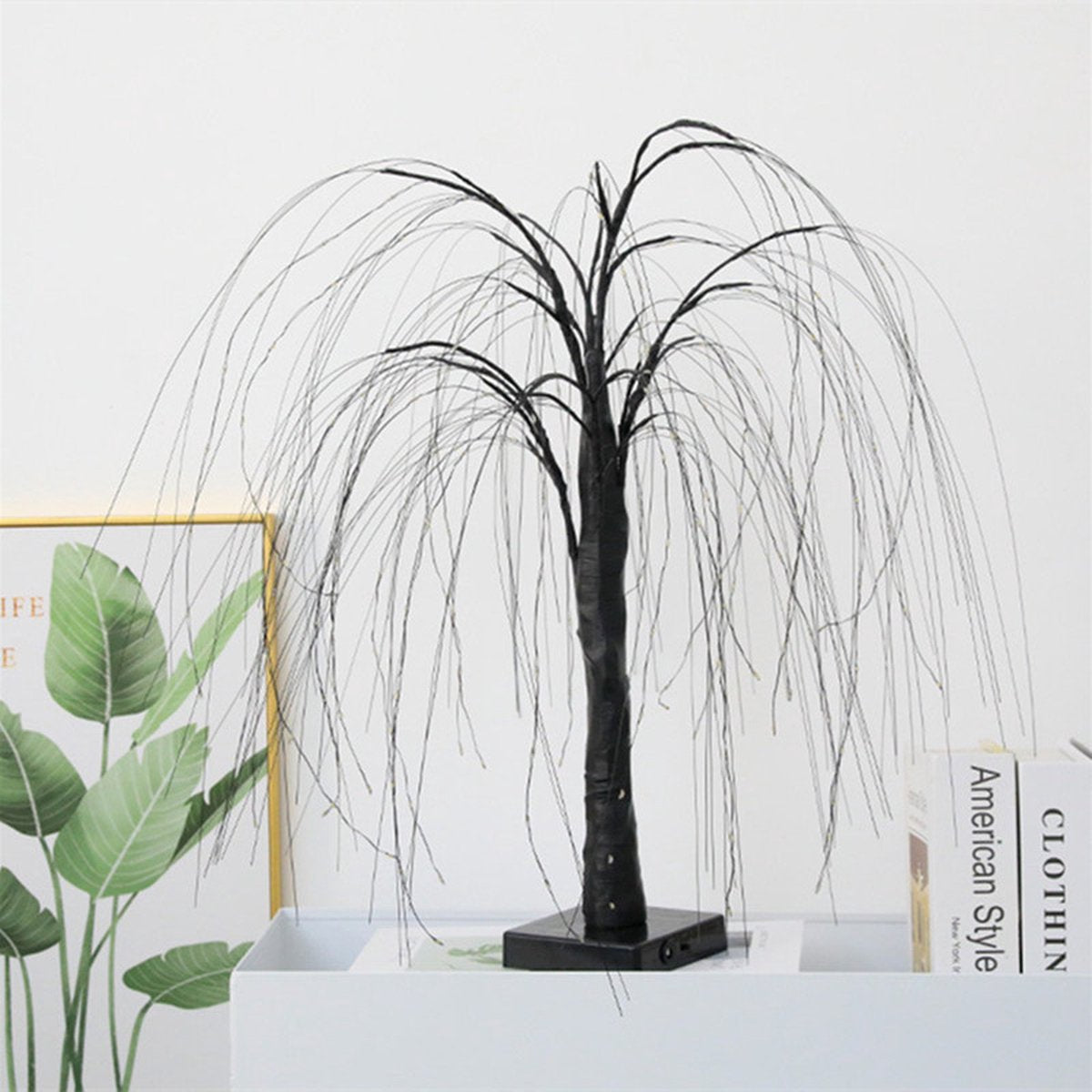 Elegant 50cm tall LED willow lamp with 7 modes - for living room and bedroom - Dual Power (USB and battery), warm white ambient light, energy-saving and versatile design - black