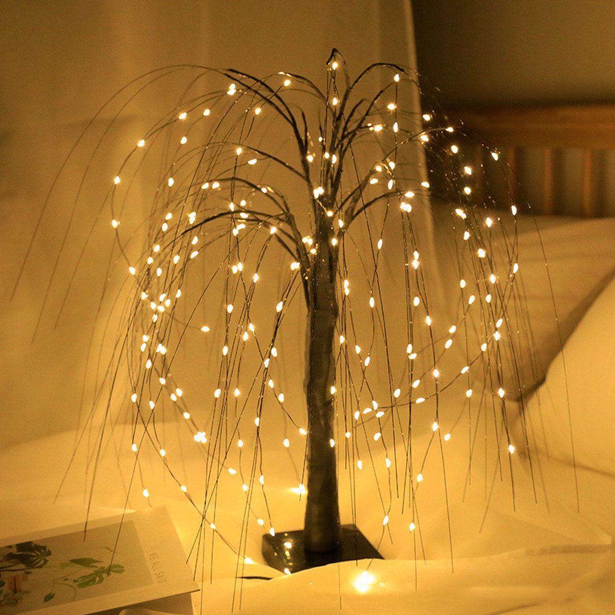 Elegant 50cm tall LED willow lamp with 7 modes - for living room and bedroom - Dual Power (USB and battery), warm white ambient light, energy-saving and versatile design - black