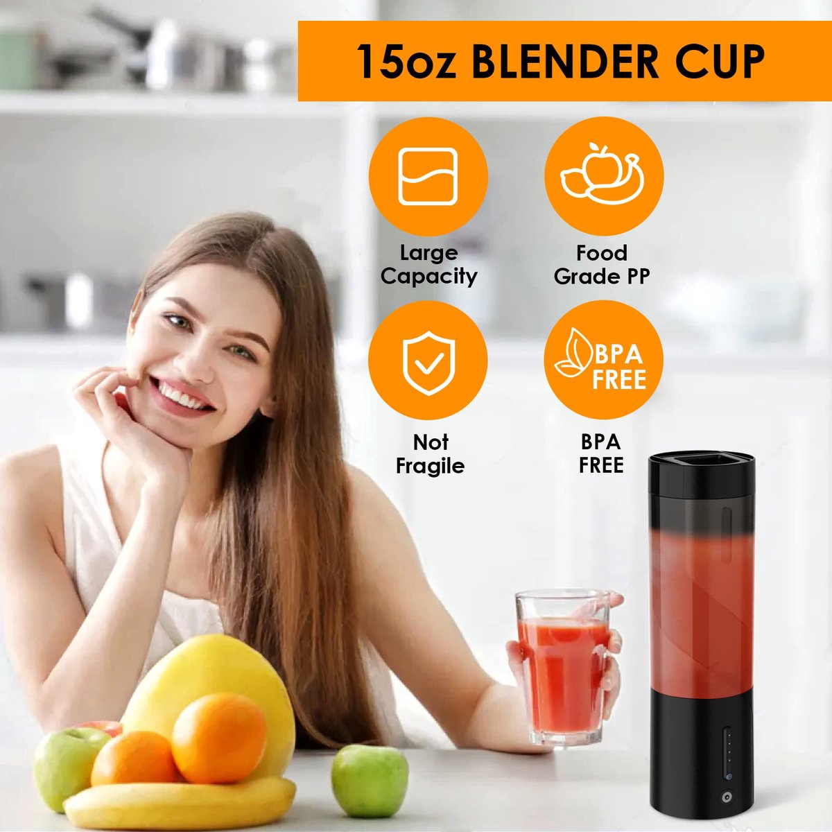 Portable Blender - Blender - Mini Blender - On-the-Go Blender - Mini Juicer - Smoothie Maker - 450 ml - For milkshakes and smoothies, 6-blade mini blender, mini blender, magnetic charger - Black