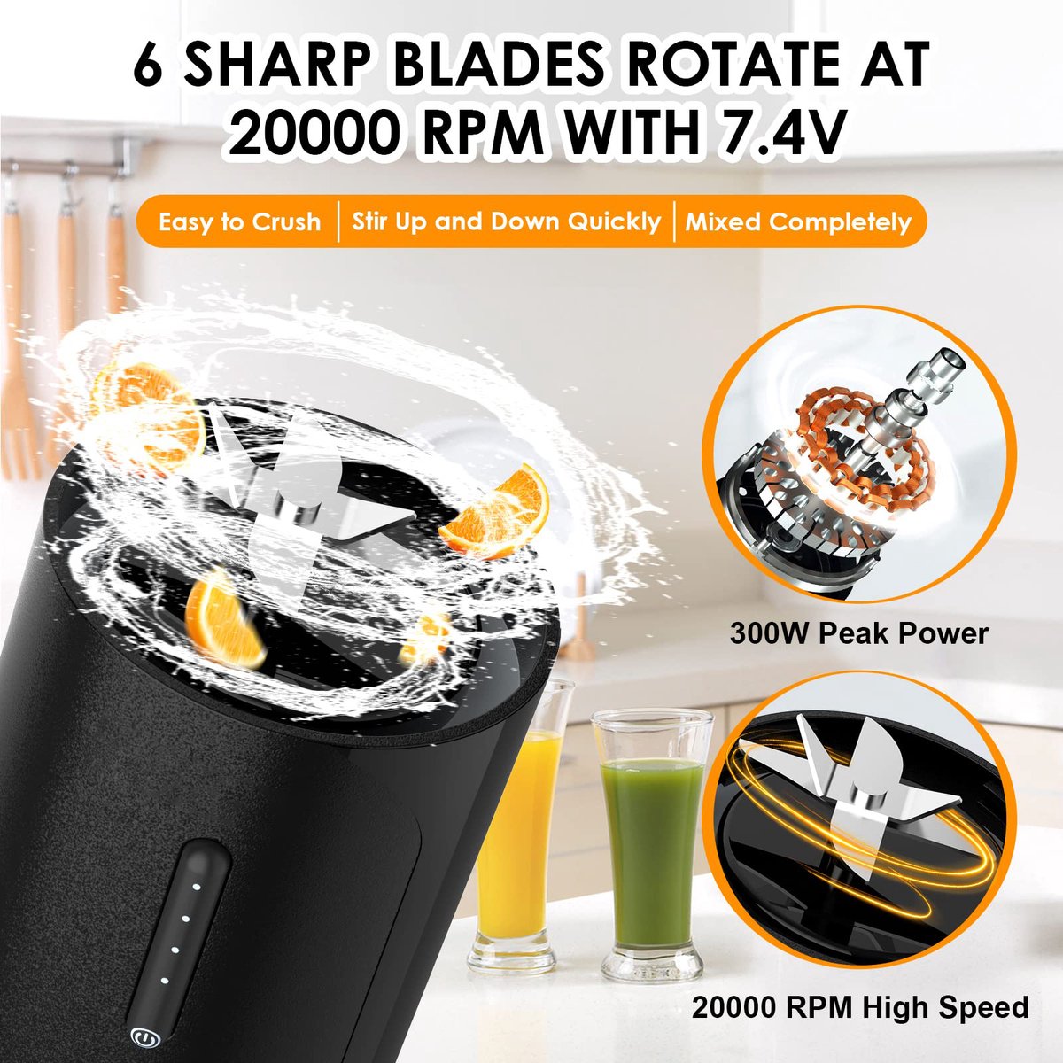 Portable Blender - Blender - Mini Blender - On-the-Go Blender - Mini Juicer - Smoothie Maker - 450 ml - For milkshakes and smoothies, 6-blade mini blender, mini blender, magnetic charger - Black