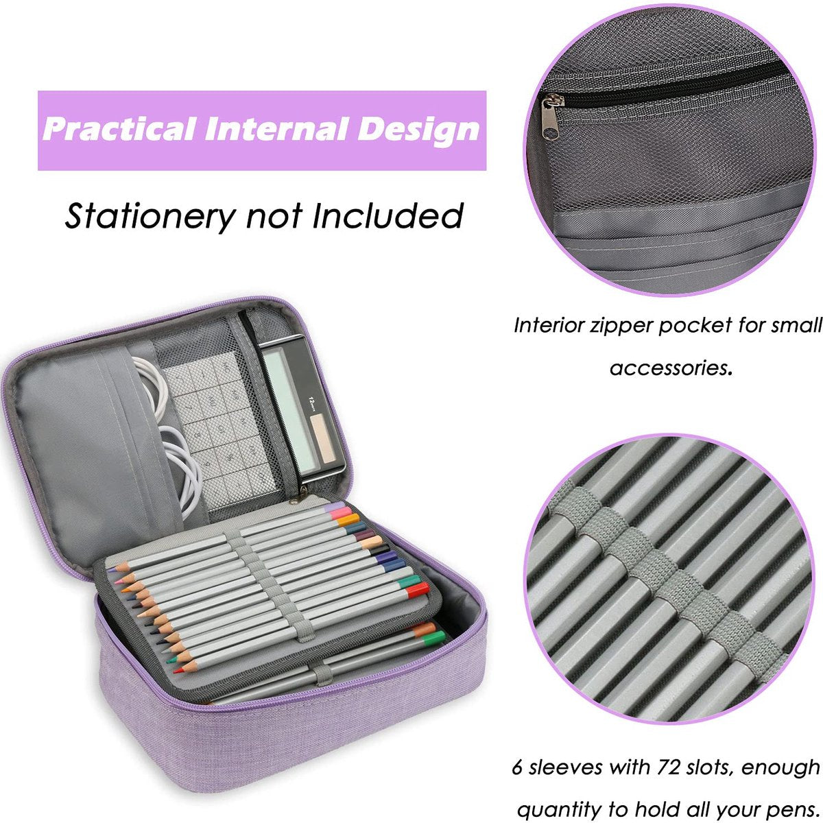 AMGOMH 72-slot pencil case, large capacity, student stationery, colored pencils, with inner pocket for small gadgets (purple)
