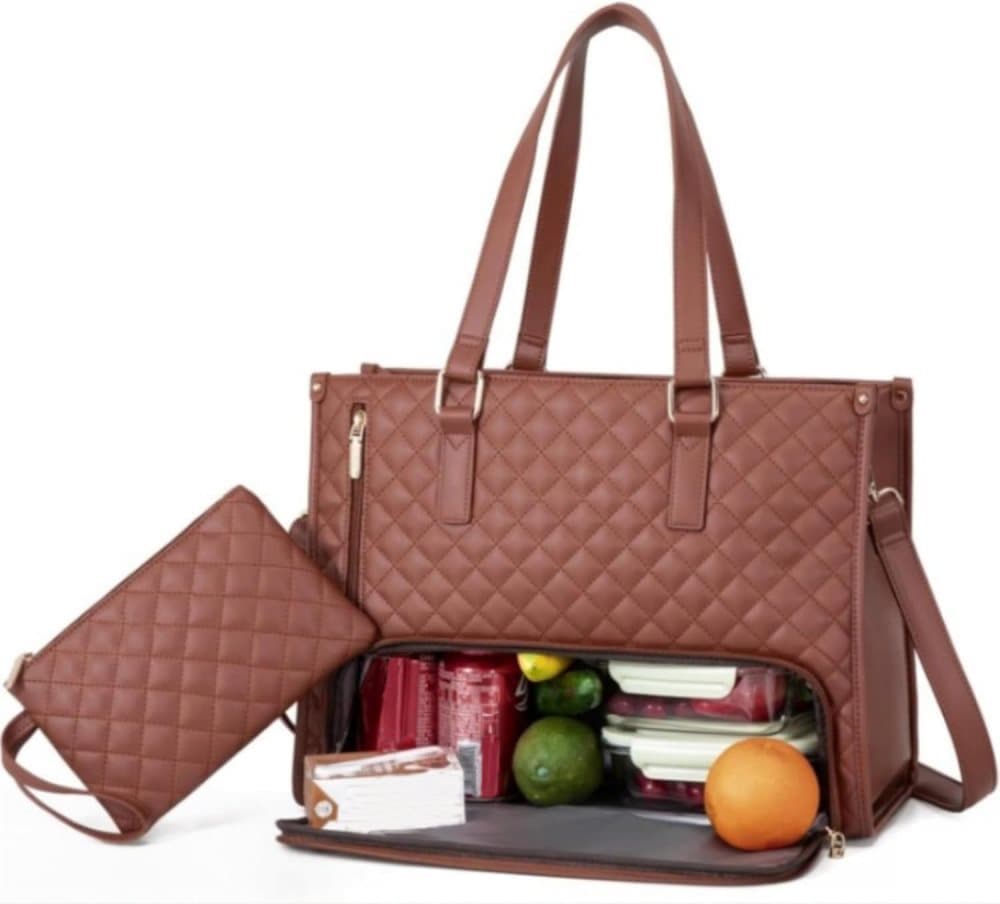 15.6 Inch 2-in-1 Insulated Leak-Proof Handbag and Lunch Bag Cooler Laptop Bag for Work, Brown