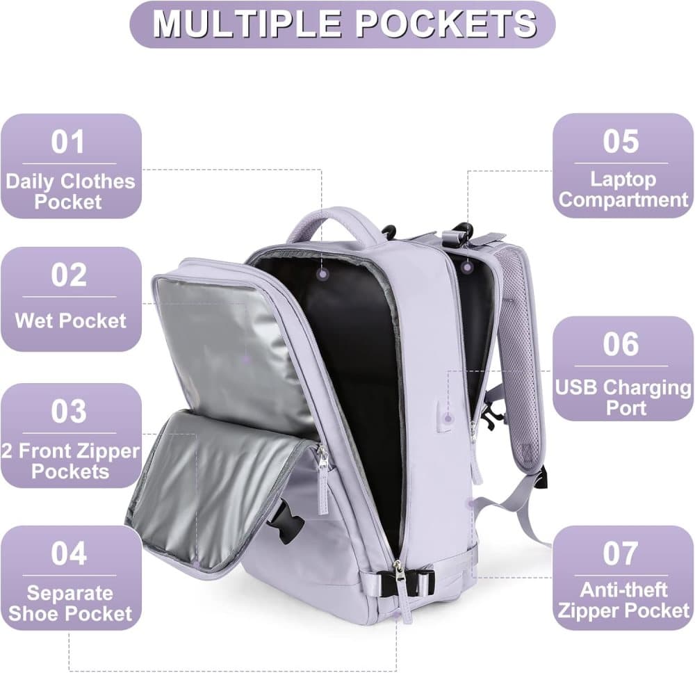 Purple Travel Backpack Cabin Bag with Dry Wet Sorting, 42 x 30 x 20 cm