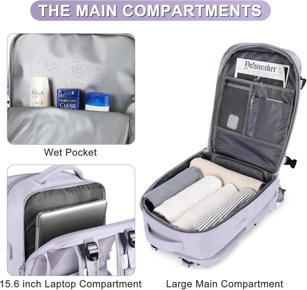 Purple Travel Backpack Cabin Bag with Dry Wet Sorting, 42 x 30 x 20 cm
