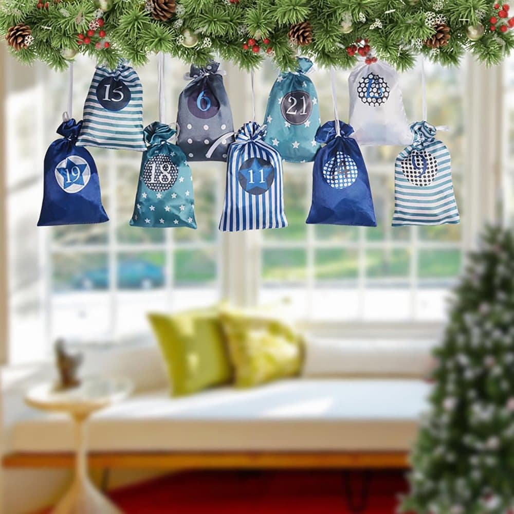 24 Christmas Calendar Bags, DIY Advent Calendar with Hanging Bags, Reusable Green Christmas Gifts
