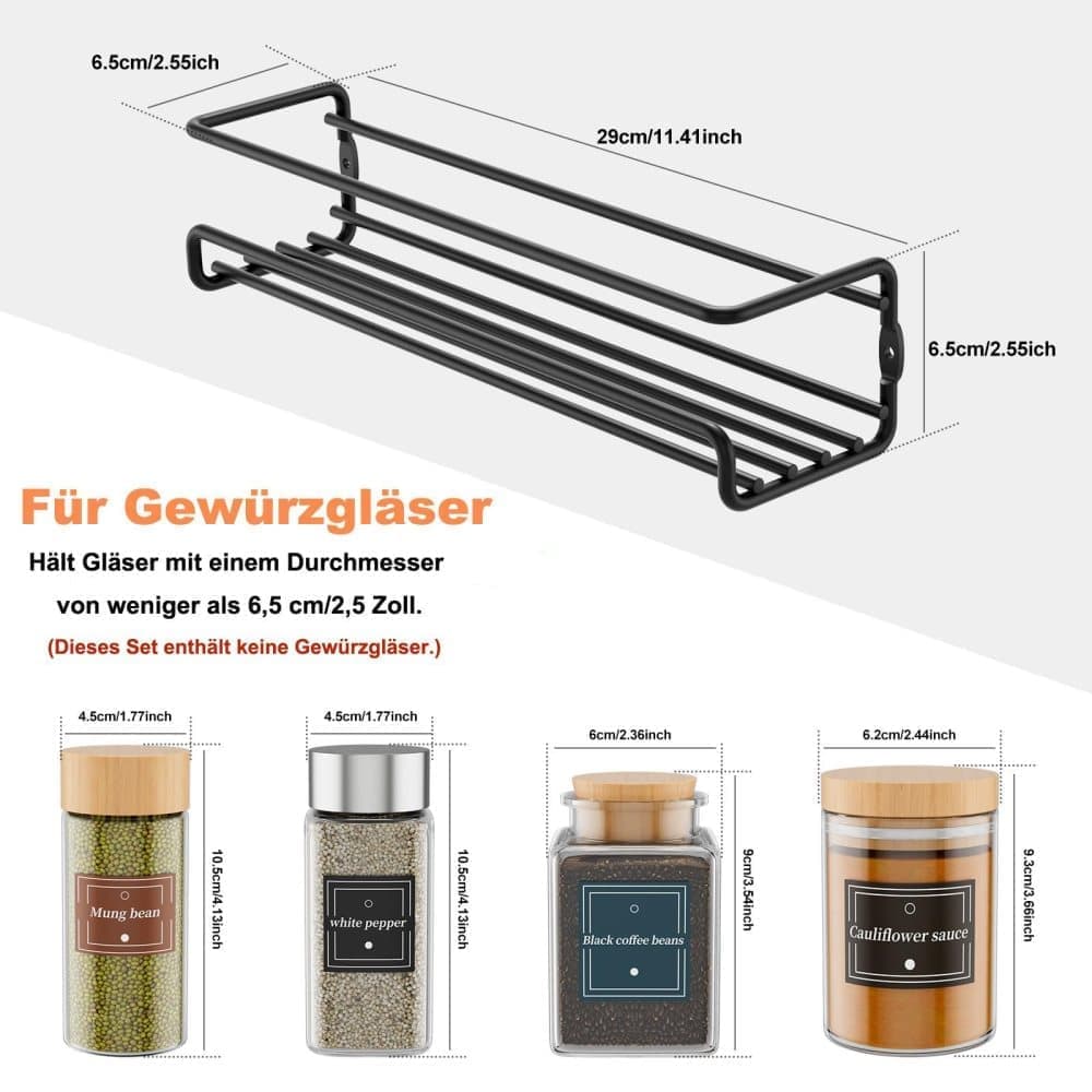 2-Piece Stainless Steel Spice Rack Wall Mounted Organizer, Black, 12.6 x 3.9 x 2.4 inches
