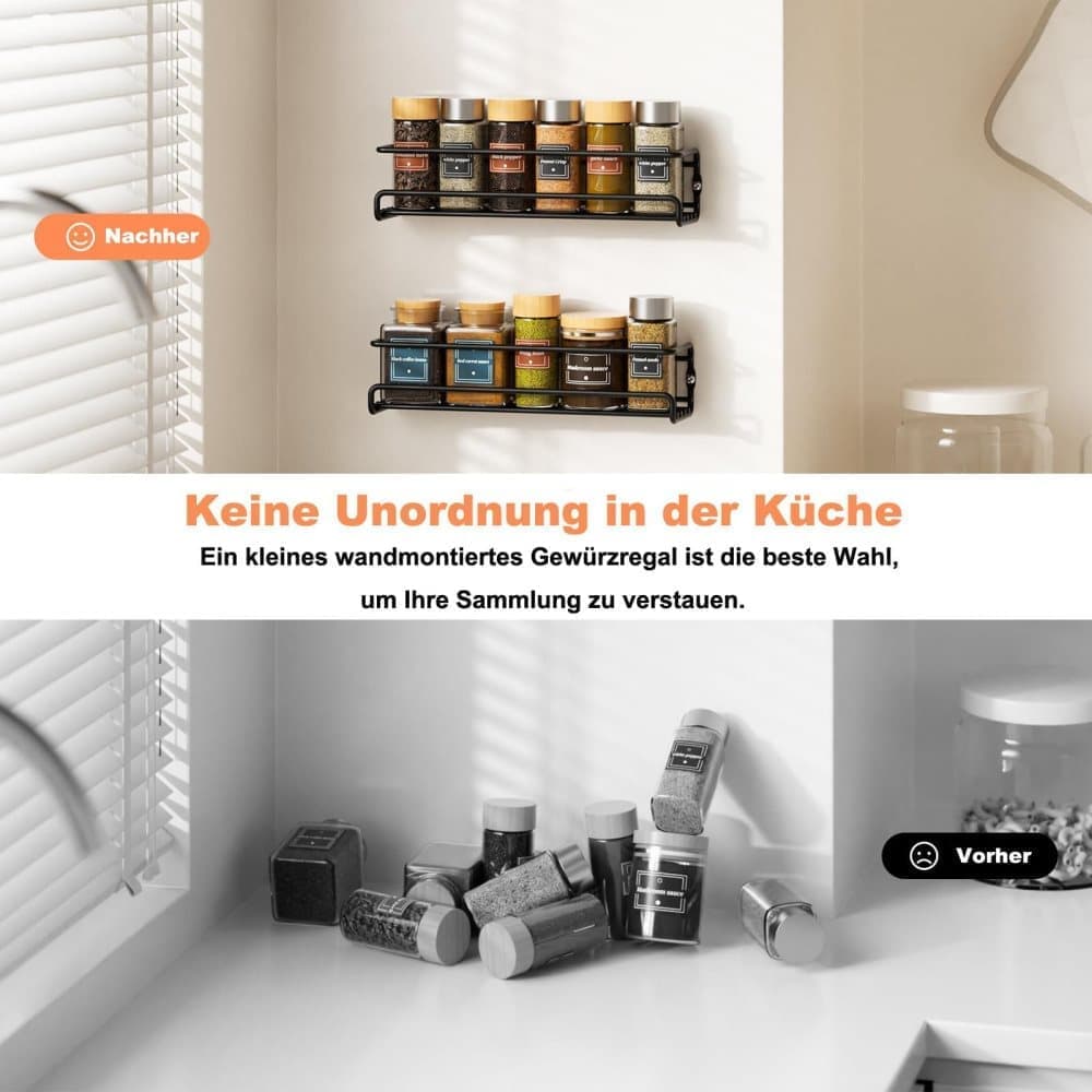 2-Piece Stainless Steel Spice Rack Wall Mounted Organizer, Black, 12.6 x 3.9 x 2.4 inches