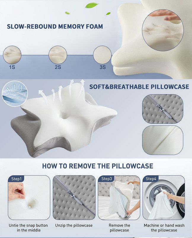 Ice Silk Butterfly-Shaped Memory Foam Pillow | Ergonomic, Orthopedic, Sleep-Aiding, Suitable for Three Sleeping Positions (23.62*15.75*5.12 inch,Light gray)