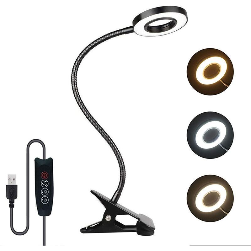 7W USB Clip Desk Lamp 48 LEDs 3 Colors 10 Brightness Levels Black