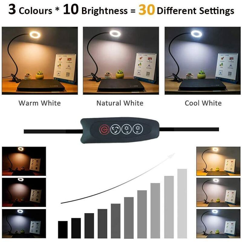 7W USB Clip Desk Lamp 48 LEDs 3 Colors 10 Brightness Levels Black