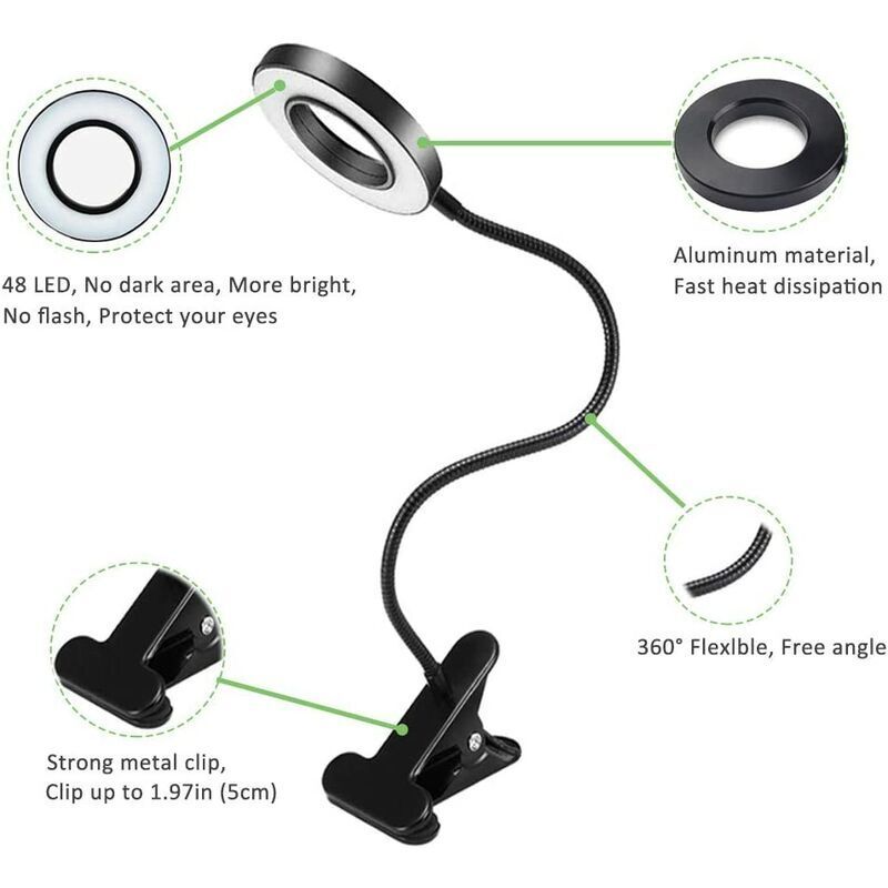 7W USB Clip Desk Lamp 48 LEDs 3 Colors 10 Brightness Levels Black