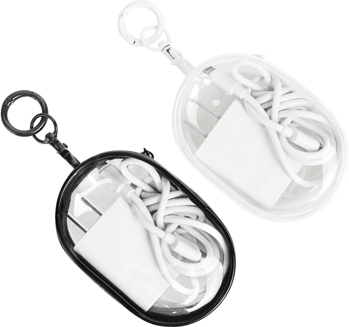 Cable organizer case - Waterproof, portable organizer - Mini transparent hard bag with zipper - Charging cable holder - Space-saving travel accessory (2 pieces black + white)