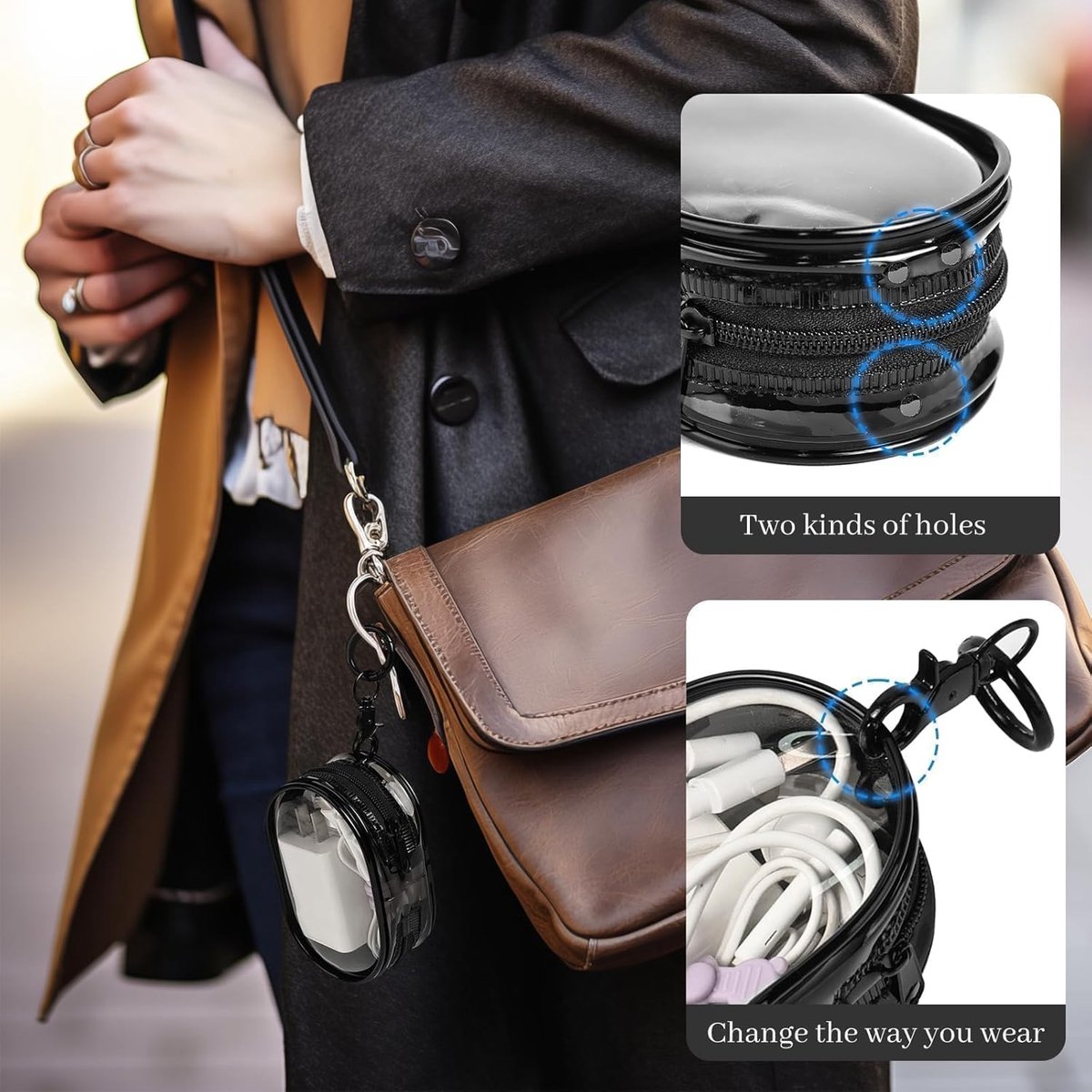 Cable organizer case - Waterproof, portable organizer - Mini transparent hard bag with zipper - Charging cable holder - Space-saving travel accessory (2 pieces black + white)