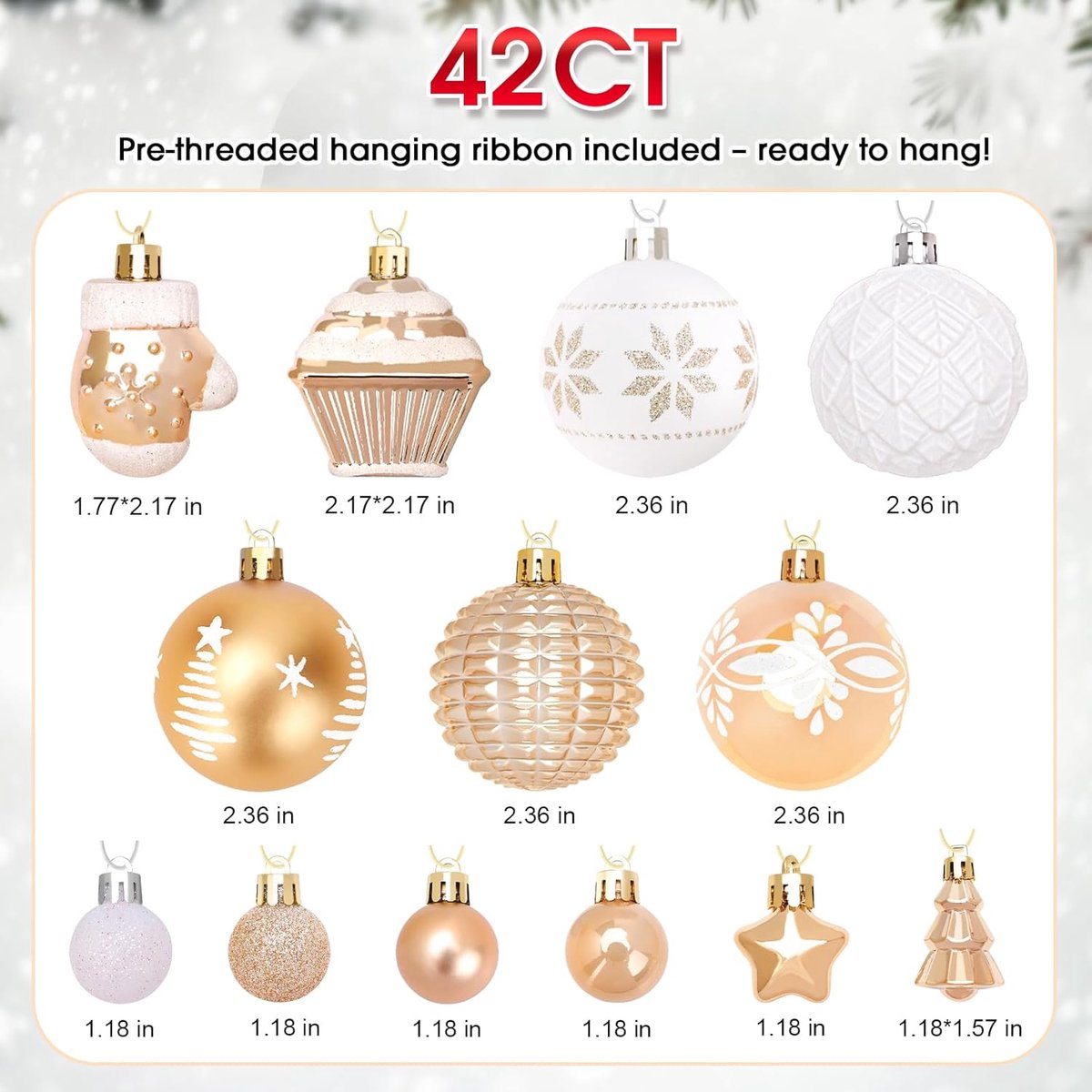 42 Christmas Tree Ornaments - Unbreakable Baubles - Various Styles for Christmas Tree Ornaments - Indoor Christmas Decorations for Home and Parties - Gold and White
