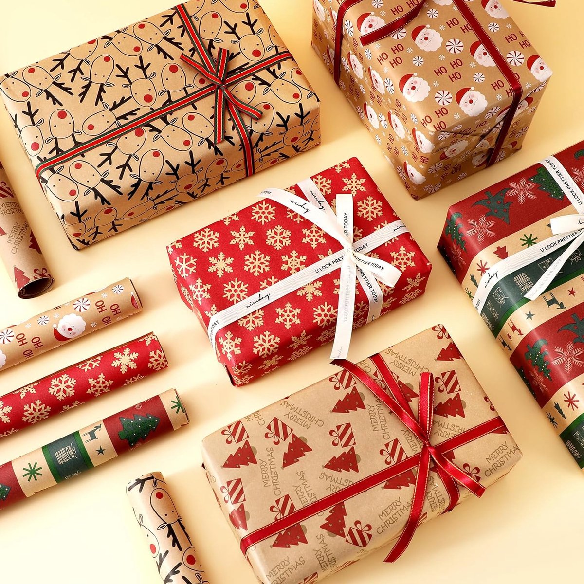 5 Roll Christmas Wrapping Paper - Christmas Wrapping Paper Rolls - Christmas Paper Wrapping Paper For Christmas - 17 inch x 50 Feet Mini Kraft Sheet Set - Christmas Gift Wrapping Paper Small, Merry Christmas Gifts Decoration