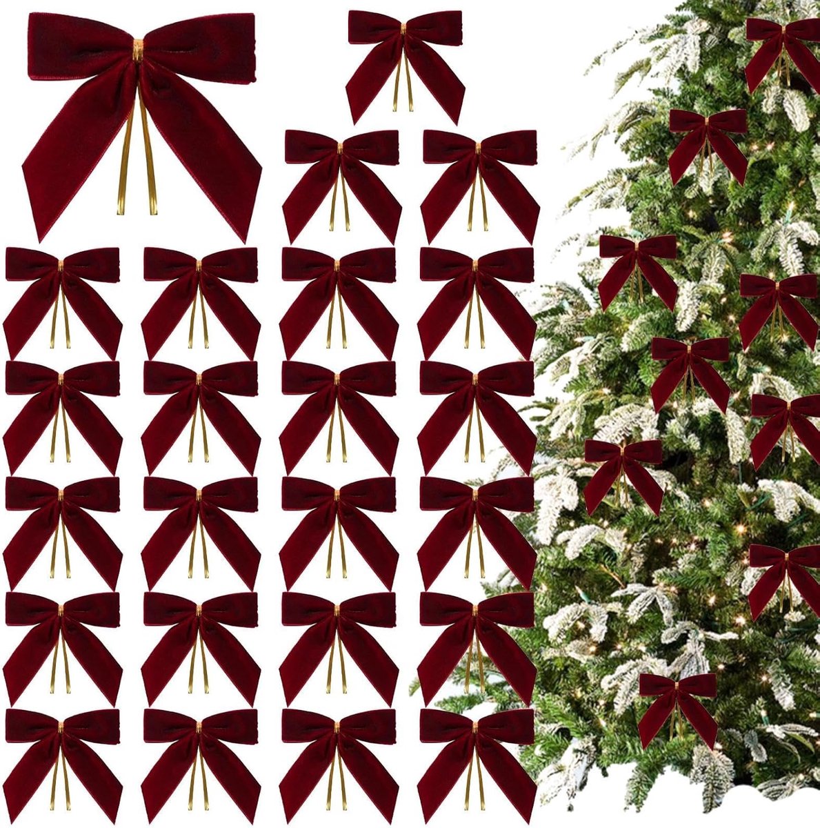 24 Piece Velvet Christmas Bows - Glitter - Christmas Decoration Bows - Christmas Ornaments - Christmas Tree Decoration - Christmas Bows - Christmas Atmosphere - Christmas - 3.5 x 3.5 inches - For Christmas Party, Christmas Tree, Indoors, Crafts - Wine Red
