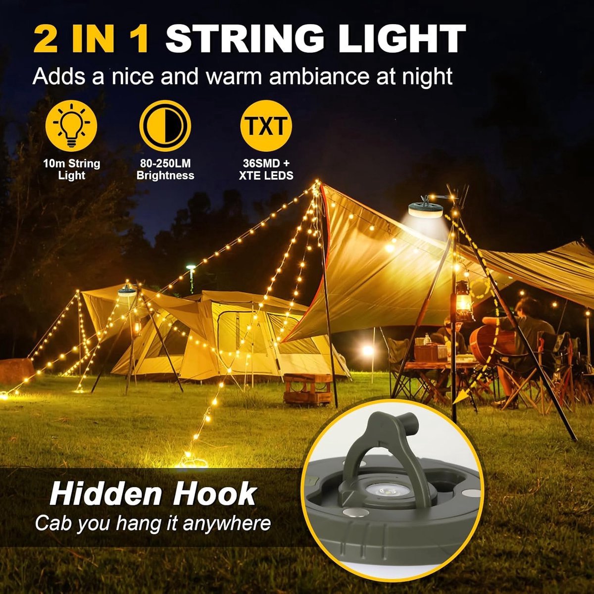 Camping Light String 10 Meters - Ambience Strip - IPX4 Waterproof - Retractable - Rechargeable - Warm White | Outdoor Lighting Garland - Camp Lamp - Camping Lamp - Lights - Light String - Tent Lamp - Rechargeable Camping Lamp With USB C - Outdoor