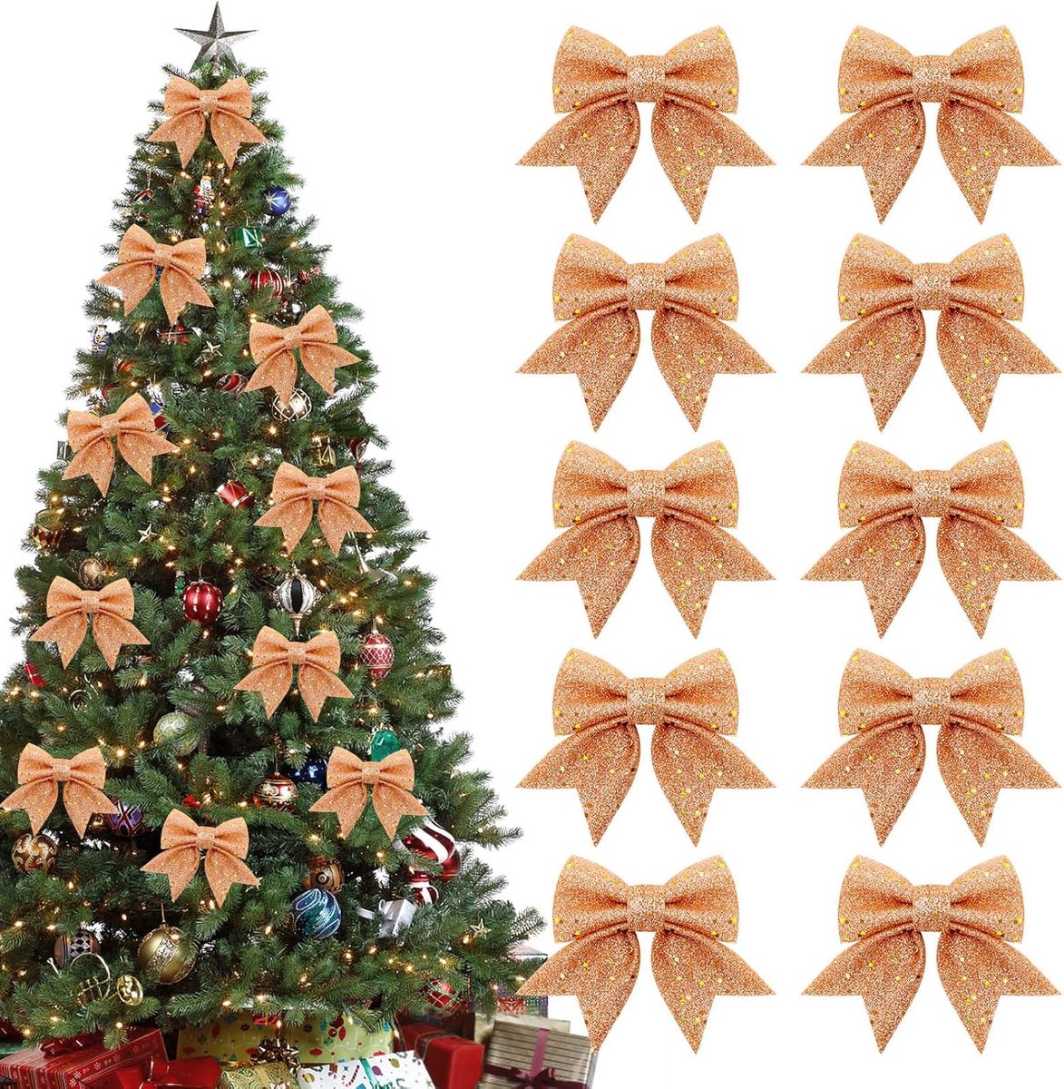 10 Gold Christmas Bows - 12 x 15 cm - Glitter - Christmas Decoration Bows - Christmas Ornaments - Christmas Tree Decoration - Christmas Bows - Christmas Atmosphere - Christmas - For Christmas Party, Christmas Tree, Indoors, Crafts