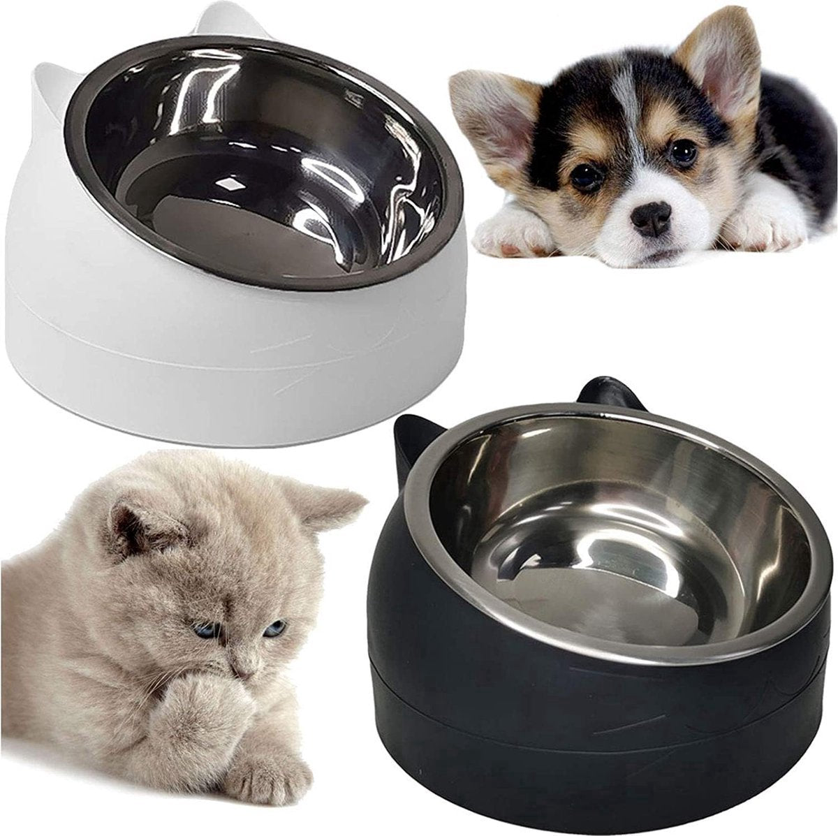 Dog Food Bowl - Cat Food Bowl - Stainless Steel - BPA-Free - Removable 2-in-1 Pet Bowl - 15° Tiltable - 2 x 200 ml - Dog Bowl - Sturdy - Durable - Non-Slip - - Dog & Cat Drinking Bowl - Black and White - Easy to Clean - Cat and Dog Gifts