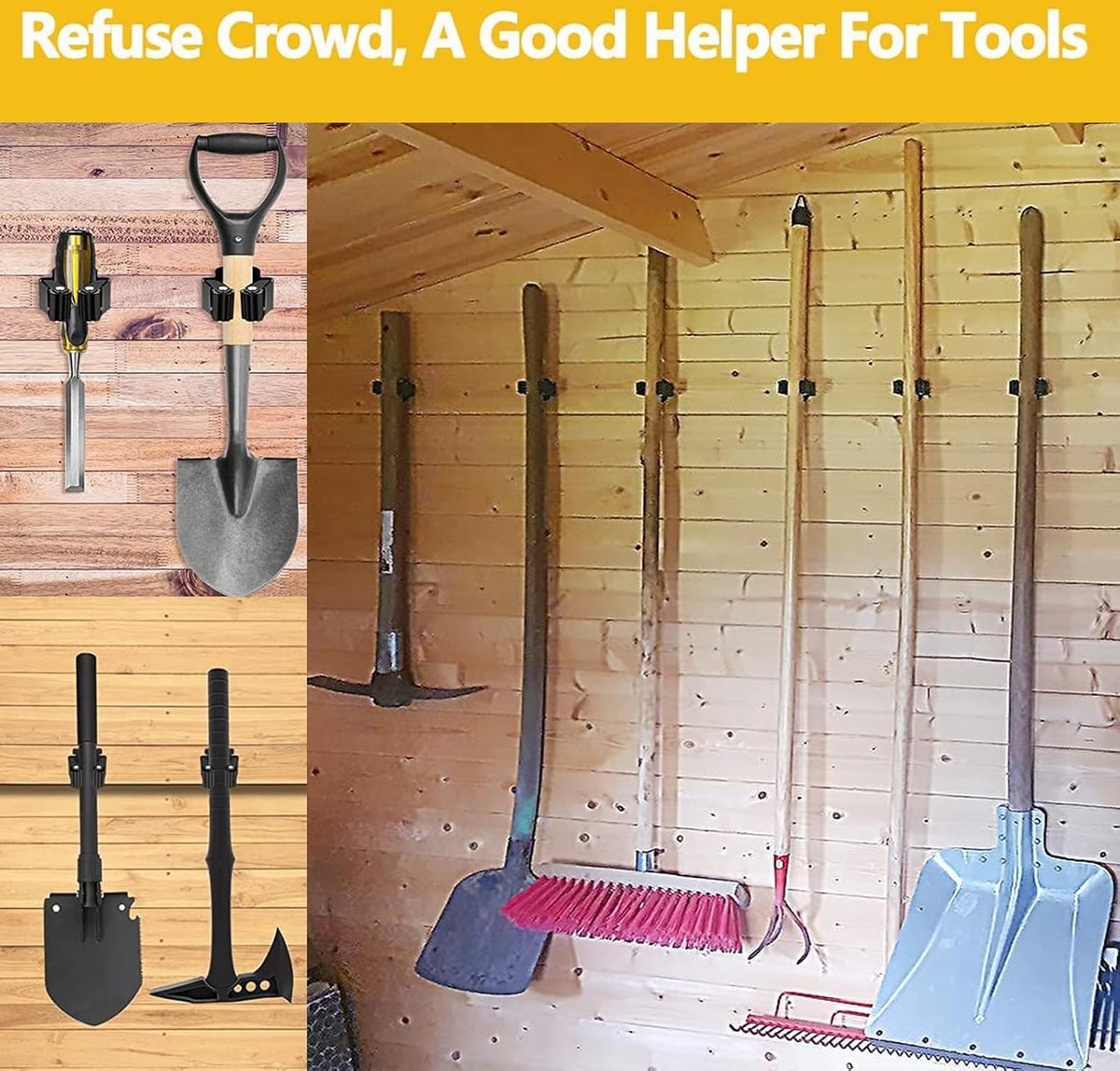 Mop Holder - 6 Pieces - Broom Holder - Broom Holder - Broom Hanging System - Broom Holder - Wall Holder - Hanger Behind Doors - Bathroom Accessories - Kitchen Storage Tool - Tool Holder - Organizer Hook - Garden Tools - Stainless Steel - Black