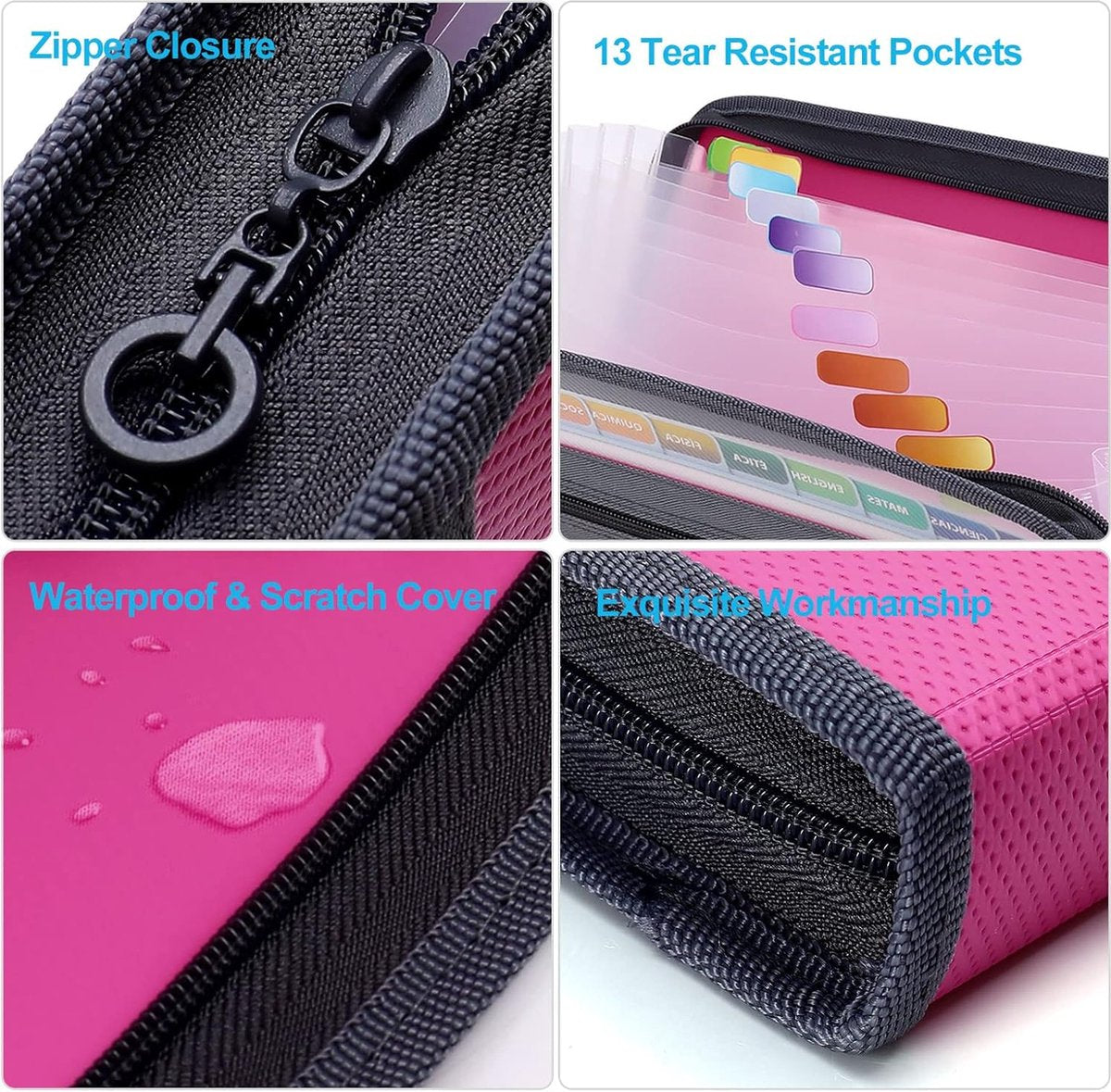 Project Folder - A4 - Foldable File Folder with Tabs - 13 Compartments - Storage Folder/Sorting Folder - Compartment Folder - Durable Plastic Document Folder - Writing Folder with Zipper - Conference Folder - Work Folder - Document Folder - Pink - Portabl