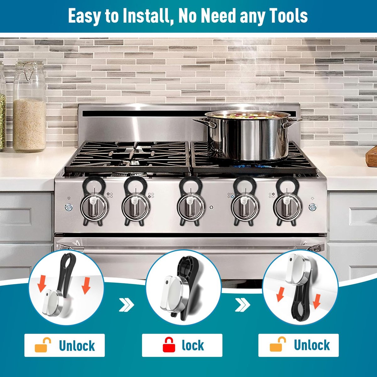 Gas Stove Knob Lock - 5 Pieces - Child Lock - Child-Safe Oven Locks - For Children and Pets - Suitable for Gas Stove, Gas/Electric Stove, Electric Oven, Induction Stove, Gas BBQ, Hob - Kitchen Utensils - Black - Child Safety