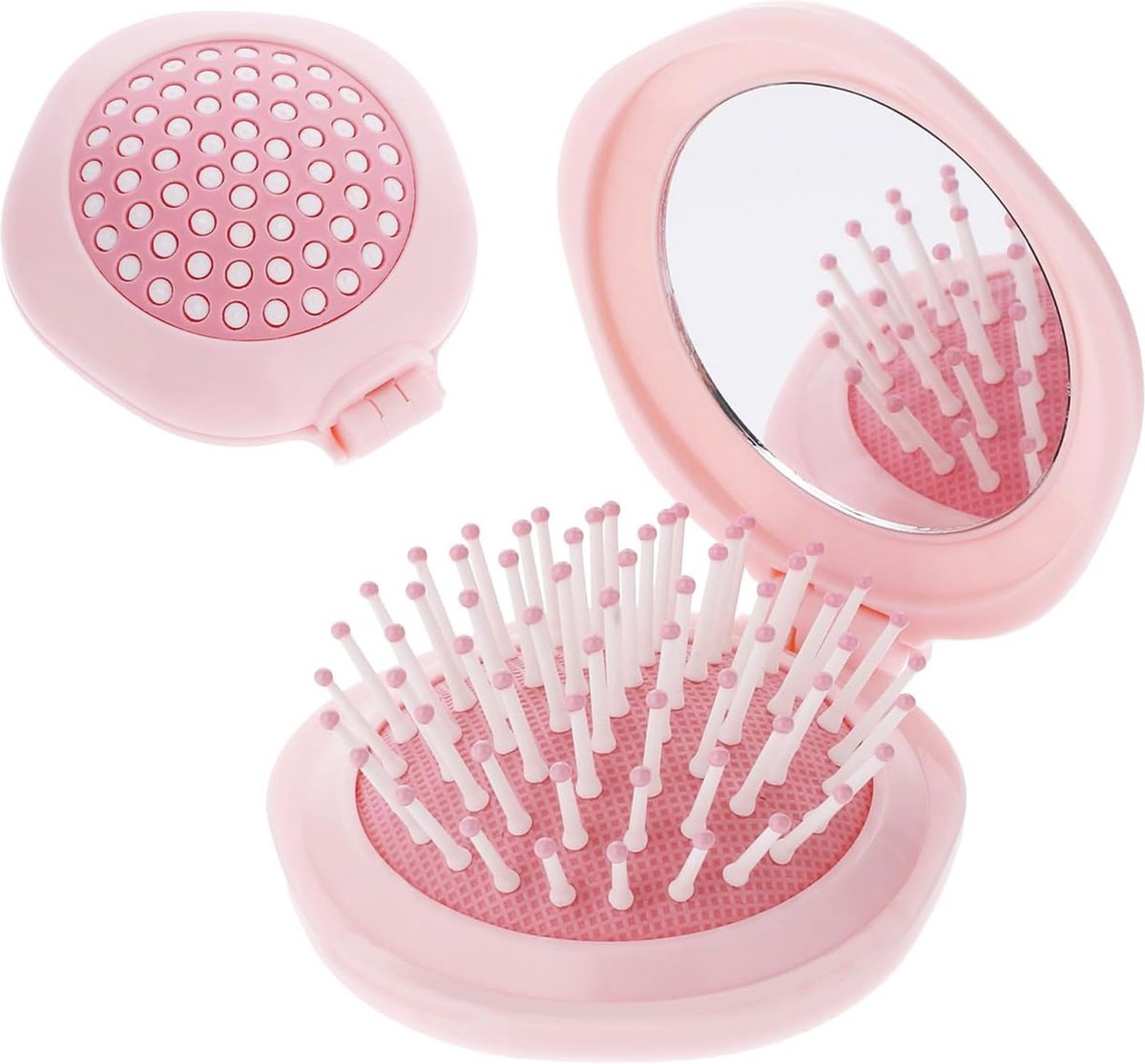 Hairbrush - Mini Hairbrush - Foldable hairbrush - with mirror - Comb - Hairdresser's Comb - styling tool - Curling Comb - Round - pink - pp - 7.6*7*2.7 cm - for bag/pocket