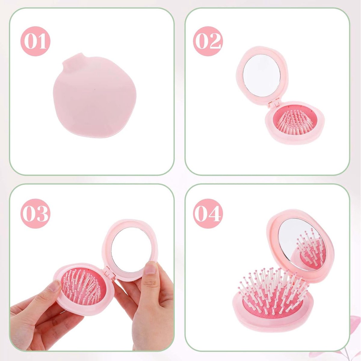 Hairbrush - Mini Hairbrush - Foldable hairbrush - with mirror - Comb - Hairdresser's Comb - styling tool - Curling Comb - Round - pink - pp - 7.6*7*2.7 cm - for bag/pocket